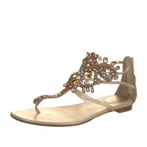 René Caovilla Leather T-Strap Sandals with Crystal Embellishments